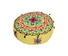 RAJRANG OTM01094, Cuscino Pouf in Cotone a Fantasia Floreale, Giallo (Gelb), Ã¸ 24 cm, Altezza 8 cm