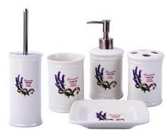 GMMH Paese casa Vintage Set da Bagno Lavanda Bagno Set di Accessori Dispenser di Sapone Liquido - Scopino per WC in Ceramica (Set da 5 Pezzi)