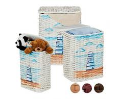 Relaxdays Set da 3 Cestini Portaoggetti, con Coperchio, Realizzati a Mano Giocattoli e Biancheria, Varie Misure, Bianco, Rattan, Tessuto, Cartone, 3 Pz