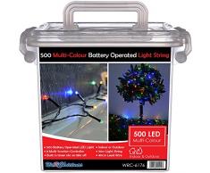 WeRChristmas, Catena con 500 lucine LED colorate, da interni ed esterni, a batteria, con controller e 8 giochi di luce diversi, funzione timer, 50 m