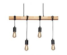 Relaxdays Lampada a Sospensione in Legno, Lampadario da Soggiorno a 4 Luci, Design Vintage, Rustico, E27, Nero/Naturale, 1 pz