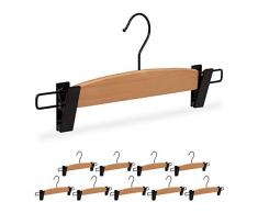 Relaxdays Maxi Set Grucce Pantaloni & Gonne,10 pz,con Pinze,Appendi Abiti Uomini & Donne,Misura L,35,5 cm,Naturale/Nero, Legno, Metallo, plastica, 14,5 x 35,5 x 2,5 cm