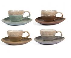 H&H Malika Set 4 Tazze tè con Piattino, Stoneware, Colori Assortiti, 180 ml