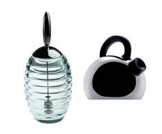 Alessi Honey Pot TW01 Contenitore per Miele di Design con Dosatore, Vetro e Acciaio Inossidabile + Mami SG65 Bollitore di Design con Fondo Magnetico, Acciaio Inox 18/10, Lucido