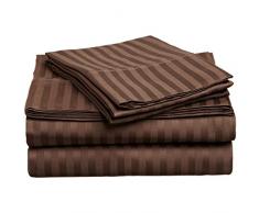 Superior - Set di lenzuola, 178 x 229 cm, da 4 pezzi, in cotone genuino a 300 fili, singolo capo, righe in raso, moka