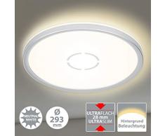 Briloner Leuchten Plafoniera a LED, Lampada da soffitto con retroilluminazione, 18 W, 2.400 Lumen, 4.000 Kelvin, Rotonda, Bianco-Argento, Ã 29,3cm