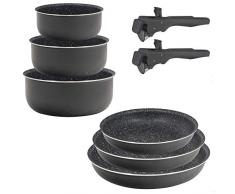 Bergner PK1527 - Set di 8 pentole Click & Cook, 3 padelle 20/22/26 + 3 casseruole 16/18/20 con 2 manici Click&Cook, alluminio pressato