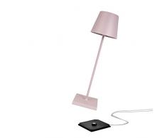 Zafferano - Poldina Pro Lampada LED Dimmerabile da tavolo in alluminio, Protezione IP54, Uso Interno/Esterno, Base di ricarica a contatto, H38cm, Plug EU - Rosa