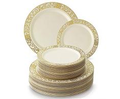 SERVIZIO DA TAVOLA MONOUSO PER FESTE 240 PZ | 120 Piatti | 120 Piattini da Insalata | Piatti in Plastica Pesante | Elegante Look Porcellana | per Matrimoni e Cene di Classe (Veneziana â Avorio/Oro)
