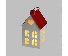 Lanterna casetta in Metallo Bianco e Rosso h 16,5 cm, Candela in Cera Avorio a Batteria, LED Bianco Caldo