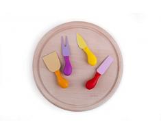 Excelsa Color Passion Set 4 Coltelli da Formaggio con Tagliere, Legno di Faggio, Multicolore, 5 Pezzi