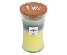 WoodWick Trilogy candela profumata a clessidra grande con Pluswick Innovation, Sfumature del bosco