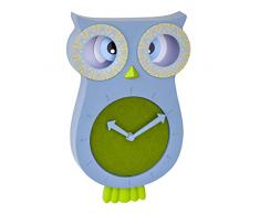 TFA Dostmann Parete Willy 60.3052.06 Silenzioso Orologio Pendolo Gufo Ideale per la Camera dei Bambini Blu, (110 x (B) 70 x (H) 330 mm