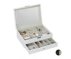 Relaxdays Portagioie, 2 Ripiani, Maxi Specchio, Effetto Pelle, Orecchini, Collane, Cofanetto, HLP 13x35x25, Bianco, PU, Pannelli MDF, Vetro, 1 pz