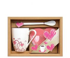laroom 14158Â âÂ Set Regalo Tavolo Tazza Fiori S con Cucchiaio e sottobicchieri Cuore, Colore: Bianco, Rosa