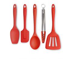 Zeal JSET45R Pinze antiaderenti, in Silicone, spatola, Cucchiaio da Cucina, Set da 5 Pezzi, Colore: Rosso