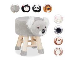 Relaxdays Sgabello a Forma di Koala per Bambini, Fodera Rimovibile, Sediolina Imbottita Bimbi, Gambe in Legno, Grigio, HxLxP: 34,5 x 28 x 43 cm