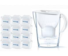 BRITA Caraffa Filtrante Marella per acqua, Bianco (2.4l) - Pacchetto annuale incl. 12 Filtri MAXTRA+ per la riduzione di cloro, calcare e impurità
