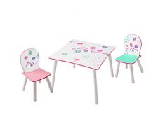 HelloHome 527FLW Tavolo per Bambini con Sedie di Fiori e Uccelli, Legno, White, 63 x 63 x 52.5 cm
