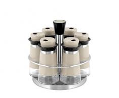 H&H Aroma Portaspezie con 6 Barattoli Vetro e Stand Girevole Acciaio Inox, Beige