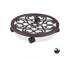 Relaxdays, Marrone Carrello Portavasi Rotondo, Metallo, Sottovaso da Interni ed Esterni Antico Diametro 38 cm, per Vasi, Alluminio, plastica, 1 pz