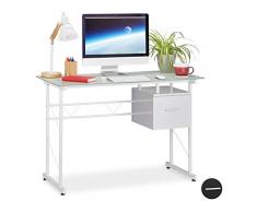 Relaxdays, bianco Scrivania Moderna con Superficie in Vetro, Cassetto Laterale, Cameretta, HLP 75 x 110 x 55 cm, pannelli MDF, metallo