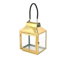 H&H 8406128 Lanterna Inox Manico Cuoio Oro 20X14Xh28 Luci E Decorazioni Casa, Metallo, 24x19x31 cm