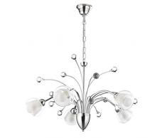 ONLI Lampadario 5 luci in Metallo Cromato Lucido Decorato con Sfere in Cristallo e vetri Bianchi e Trasparenti, Cromo