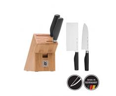WMF Cuisine Plus Asia - Ceppo portacoltelli con 3 coltelli, 2 coltelli forgiati, 1 blocco in legno di faggio, lama in acciaio speciale, tecnologia Performance Cut