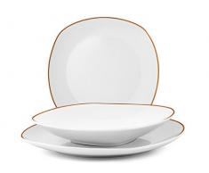 H&H Servizio Piatti Tavola 18 Pezzi Quadro Versailles Filo Rame, Porcellana, Bianco