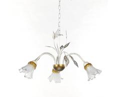 ONLI - Lampadario 3 luci Lancia in metallo bianco spennellato argento con sfumature dorate e calle in vetro. 3 x E14