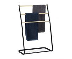 Relaxdays Porta Asciugamani da Terra, 3 Aste Effetto Legno, per Accappatoi e Indumenti, HxLxP: 86 x 58 x 30 cm, Nero, Ferro, 1 pz