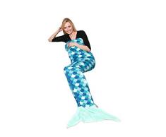Coperta Sirena, in morbido pile. Soffice e calda microfibra, plaid ideale per regalo Natale o per comodo relax sul divano in casa, lunga 200 cm. KANGURU SIRENA TURCHESE