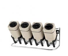 H&H Aroma Portaspezie con 4 Barattoli Vetro con Stand Acciaio Inossidabile Made in Italy, Beige