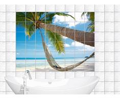 Graz Design, Adesivo da Parete piastrellata, per Bagno o Cucina, Motivo: Spiaggia con Palma e Amaca, Immagine 150 x 100 cm, per Piastrelle 15 x 15 cm
