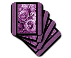 3dRose Plum Puple Rose Bouquet Surrounded by Purple Damask Ribbon Trim â Morbido, Set di 4 sottobicchieri (CST 29827 _ 1)