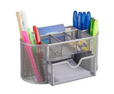 Relaxdays 10022482_55 Organizer da Scrivania Ufficio, con Portapenne e Cassetto, Metallo, Argento, 11 x 22 x 10.5 cm