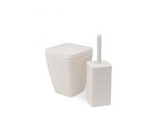 Addis Set da Bagno in Finto Rattan Quadrato, Inclusi Cestino con Coperchio Basculante e scopino, Lino Calico