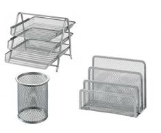 SHINE - Organizer da scrivania da Ufficio, 3 Pezzi, con Vassoio per Le Lettere, portapenne, Colore: Argento