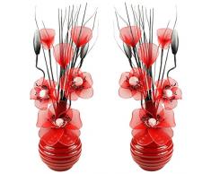 Abbinato paio di rosso fiori artificiali in vaso rosso, decorazioni per la tavola, accessori per la casa, regali, ornamenti, altezza 32Â cm