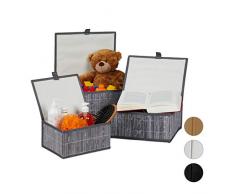 Relaxdays Set da 3 Cesti Portaoggetti, Coperchio & Chiusura a Strappo, Cestino Contenitore in bambù, Grigio, Poliestere, 15 x 33 x 25,5 cm