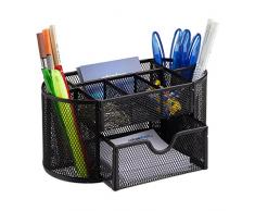 Relaxdays 10022482_46 Organizer da Scrivania Ufficio, con Portapenne e Cassetto, Metallo, Nero, 11 x 22 x 10.5 cm