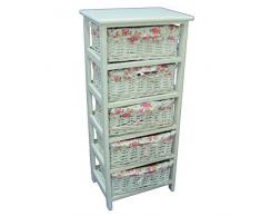 Euronovità EN-221459 Cassettiera Portaoggetti stile shabby provenzale in legno con 5 cassetti. Colore Bianco con cassetti in vimini, 40x29x90 cm