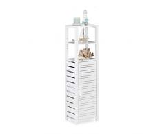 Relaxdays Scaffale da Bagno con Anta, Mobile a Colonna, Armadietto, 6 Mensole, Alto, bambù, Bianco, HxLxP: 119 x 33 x 25,5 cm