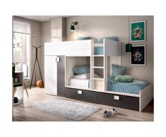 Letto a castello Armadio integrato 2 x 90 x 190 cm Bianco, Rovere e Antracite + Materasso - JUANITO