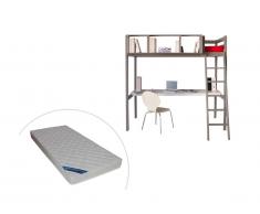 Letto a soppalco con scrivania e vani integrati 90 x 190 cm in Abete rosso Grigio + Materasso - GIACOMO