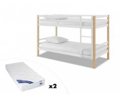 Letto a castello PHILEMON - 2x90x190 cm - Abete Massello - Bianco e quercia+ 2 materassi ZEUS 90x190 cm