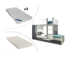 Letto a castello con letto a cassettone a scomparsa ANTONIO - 3x90x190 cm - Armadio integrato - Abete antracite e bianco + materasso letto a scomparsa + 2 materassi ZEUS 90x190
