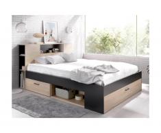 Letto matrimoniale con testiera portaoggetti e cassetti 160 x 200cm Quercia e antracite - LEANDRE
