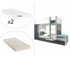 Letto a castello cassetto scomparsa Armadio integrato 3x90x190cm Abete Antracite e Bianco+Materasso - ANTONIO
